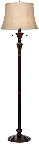 Regency Hill Brooke Traditional Standing Floor Lamp 60" Tall Rich Bronze Copper Accents Metal Column Brown Burlap Modified Bell Shade For Living Room Reading House Family Bedroom Home #TOP5