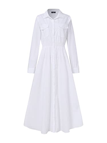 Vonda Women Maxi Shirt Dress Long Sleeve Button Smocked Waist Long Dress Loose Swing Party Dress With Pockets White 5X-Large #TOP3
