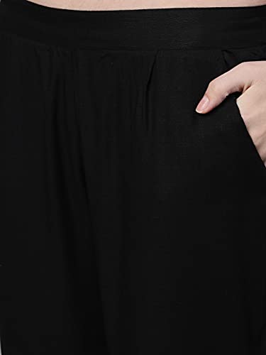 Image of ishin Women's Viscose Rayon Black Solid With Gota Patti Straight Kurta set With Trouser and Dupatta