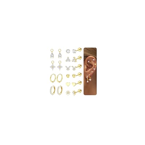 CASSIECA 10 Pares Pendientes Mujer Acero Quirurgico Piercing Oreja Pendientes Dorados Pendientes Aro Oro Piercing Tragus Helix Cartílago Múltiples Piercings Hipoalergenicos para Mujer Hombre