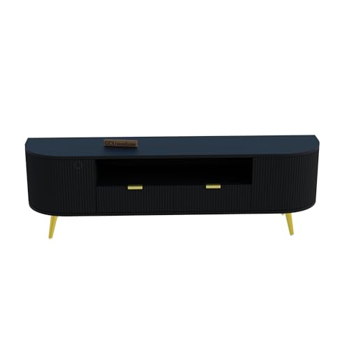 Image of 60L x 16W x 22H Inches Solid Wood TV Unit for Living Room | Modern Black TV Stand for 55-65 Inch TV | Free Standing Entertainment Cabinet with 2 Drawers & 5 Shelves