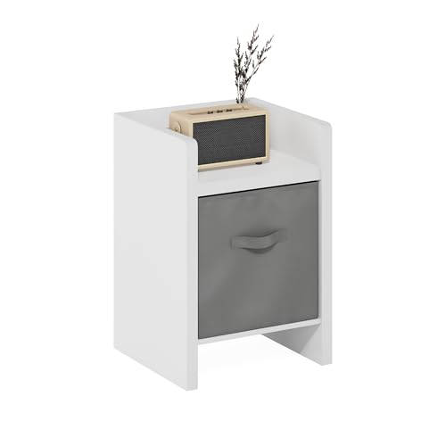 Image of Furinno Viola Side Table, End Table with Storage Bin, White /Light Grey | 1.2-inch Extra Thick Frame, Soft Corner, Night Stand, Bedside Table, for Living Room, Bedroom