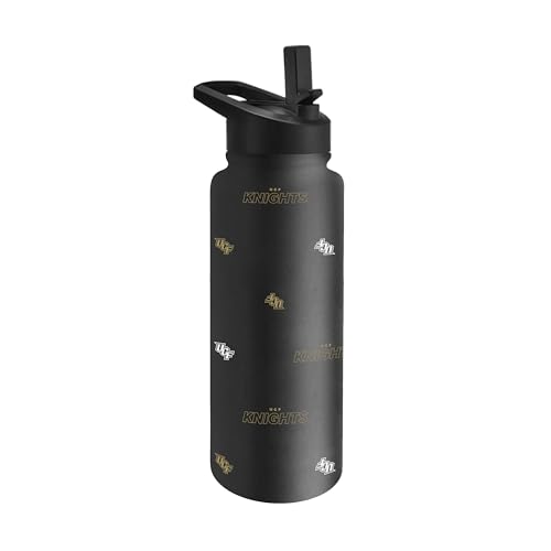 Image of Logo Brands NCAA Central Florida Golden Knights Step & Repeat 34 oz Stainless Steel Quencher Bottle - All Over Logo Design, No-Spill Lid, Easy Carry Handle - Keeps Drinks Cold For Hours