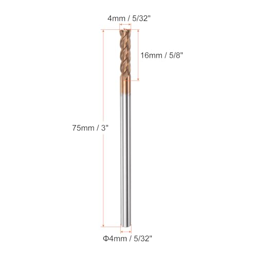 Image of HARFINGTON Micro Grain Carbide Square End Mill 5 /32 inch x 5 /8 inch (4mm x 16mm) Cut 5 /32 inch (4mm) Shank 3 inch (75mm) Length AlTiN Coated 4 Flutes Square Nose Cutter for Alloy Steel Hardened Steel