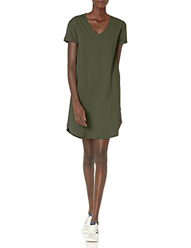 Daily Ritual Women s Lived-in Cotton Relaxed-Fit Roll-Sleeve V-Neck T-Shirt Dress, Olive, Small