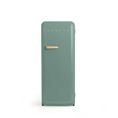 CREATE / RETRO FRIDGE 150 WOOD/Frigorífico verde sage maneta madera con congelador 281L / 102W, bajo consumo, diseño vintage, 150cm, 3 estantes, regulador temperatura, botellero, 60x60x150cm