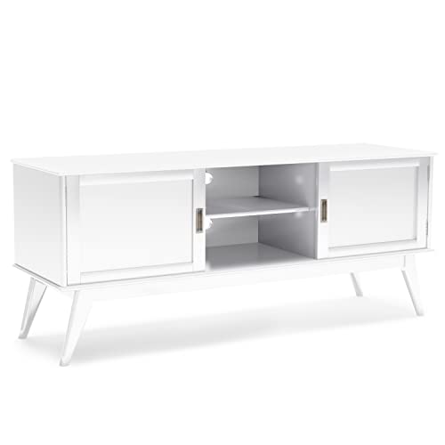 SIMPLIHOME Draper SOLID HARDWOOD 60 Inch Wide Mid Century Modern TV Media Stand in White for TVs up to 65 Inches, For the Living Room and Entertainment Center