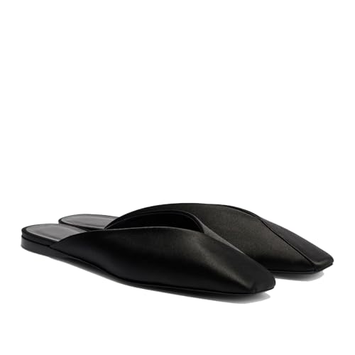 Women's Satin Flat Mules Slip On Comfortable Flats with Closed Square Toe Casual Fashion Black Shoes