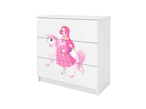 Générique Commode BABYDREAM - Princesse à Cheval - en Panneaux de Particules 81x41x80,5 cm, 3 tiroirs, Couleur Blanc