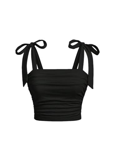 Girl's Elegant Tie Shoulder Tank Top Sleeveless Ruched Summer Crop Tops