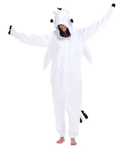 Guturris Blanco Dragón Onesie Pijama de Disfraces de Halloween Animales Cosplay Mono Anime de Una Sola Pieza Ropa de Dormir para Adultos M