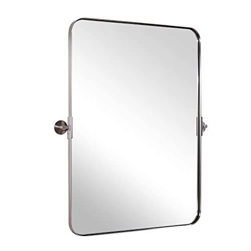 MOON MIRROR 20" x 28" Brushed Nickel Metal Framed Pivot Rectangle Bathroom Mirror in Stainless Steel, Silver Tilting Rounded Rectangular Vanity Mirror for Wall Mounted Hangs Vertical