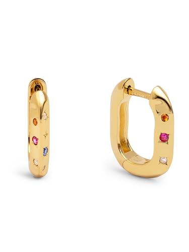SINGULARU - Pendientes Aro Starla - Pendientes en Latón con Acabado en Baño Oro de 18Kt - Pendientes de Aro Rectangulares con Circonitas de Colores - Cierre Click - Joyas Para Mujer