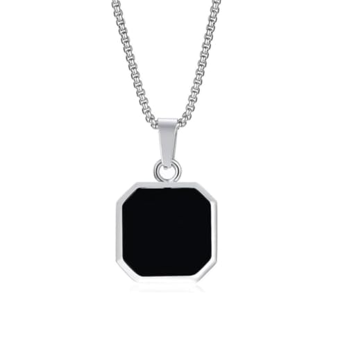 Image of Black Square Stainless Steel Necklace locket pendant Silver chain for Men and Women Unisex Jewellery