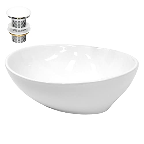 ECD Germany Lavabo en Céramique Blanc 410x330x142 mm avec Garniture de Vidage 1 1/4 Universelle sans Trop-Plein, Design Ovale, Vasque à Poser Moderne, Évier Lave-Mains pour Salle de Bain et Toilette