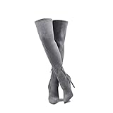 GENSHUO Over the Knee Boots for Women with Heel Suede Thigh High Boots Stretch Sexy Pointed Toe Stiletto Long Boot Shoes Grey Size 7