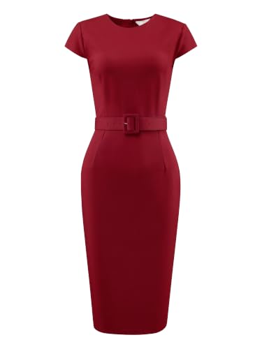 Image of Hobemty Women's Knee Length Pencil Dress Cap Sleeve Belted Wear to Work Sheath Dresses