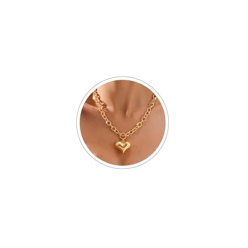 Carffordo Gold Heart Necklace for Women Chunky 14K Gold Plated Heart Pendant Necklace with Toggle Clasp Waterproof Hypoallergenic Trendy Dainty Non Tarnish Love Jewelry Gift
