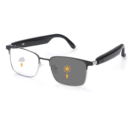 Bluetooth Audio Smart Glasses, Blue Light Glasses for Women Men, Remote Shooting, Open Ear Sound Mic & Speakers, Magnetic Charging, Color-Changing Polarized Sunglasses Lenses, Voice Assistant-SILVER