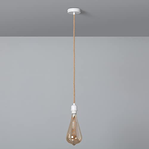 LEDKIA LIGHTING Soporte con Portalámparas para Lámpara Colgante con Cable Textil Natural y Blanco 1620xØ100 mm Natural E27 Casquillo Gordo Cuerda de Cáñamo Decoración Salón, Habitación, Dormitorio