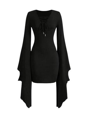 Floerns Women's Gothic Bell Long Sleeve V Neck Lace Up Short A