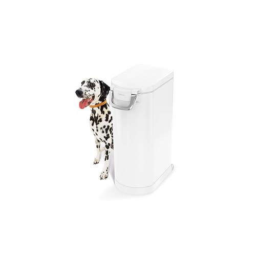 Image of simplehuman X-Large Pet Food Storage Container, Holds 36-44 lb / 16-20 kg of Dry Dog Food, Cat Food, or Bird Seed, Airtight Lock-Tight Lid with Magnetic Scoop, BPA-Free, White Steel