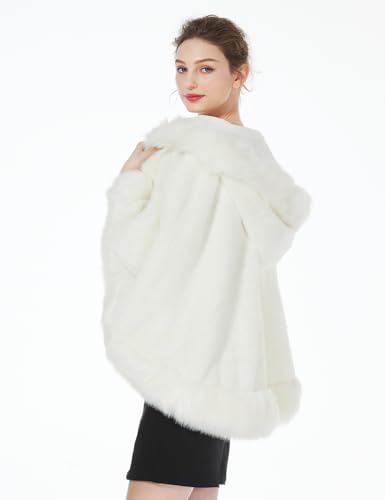 BEAUTELICATE Women's Party Faux Fox Fur Long Shawl Cloak Hooded Cape Coat2
