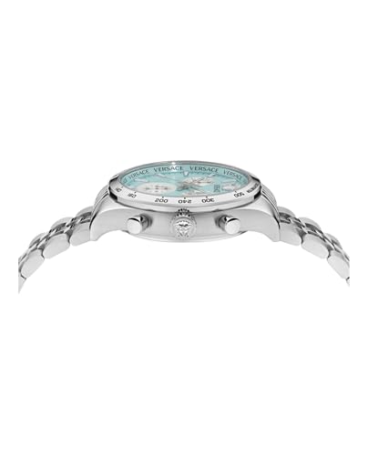 Versace Hellenyium Chrono Petite Collection Luxury Mens Watch Timepieces with a Silver Bracelet Featuring a Stainless Steel Case and a Blue Dial2