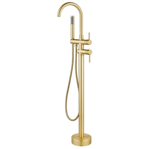 Image of BASSINO Freestanding Bathtub Faucet with Hand Shower /45 Inches Premium Stand Alone Bath Tub Mixer Tap for Bathroom /Free Standing Tub Filler for Spa & Villa Bathrooms /Floor Mounted Basin Mixer(Gold)