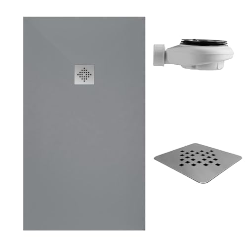 SOULBATH Plato de Ducha - Resina - Gel Coat - Textura Liso/Piedra - Antideslizante - Color Gris - 170X70- Extraplano 3cm. Incluye Válvula de desagüe - Standard