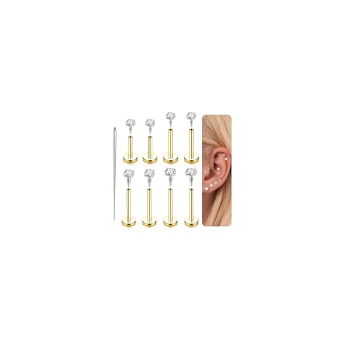 LOLIAS 18G Flat Back Earrings Studs-Hypoallergenic Surgical Stainless Steel Cartilage Earring for Women 14K Gold Plated Internally Threaded CZ Nose Stud Lip Medusa Tragus Helix Piercing Jewelry