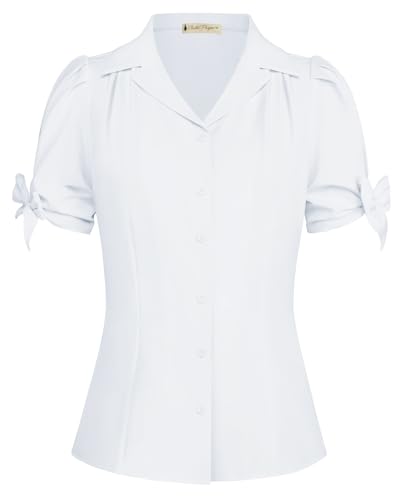 Belle Poque Camicetta da donna con maniche a sbuffo, vintage, scollo a V, vestibilità aderente, bianco, M