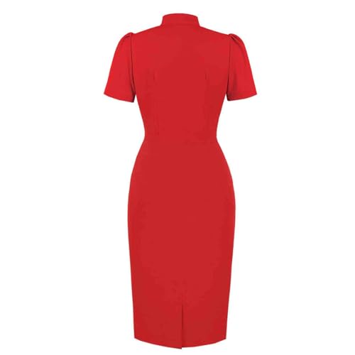 Womens 50s 60s Vintage Pencil Dress Bodycon Tie Neck Ruched Short Sleeve Office Work Dress 1950s Party Cocktail Dress2
