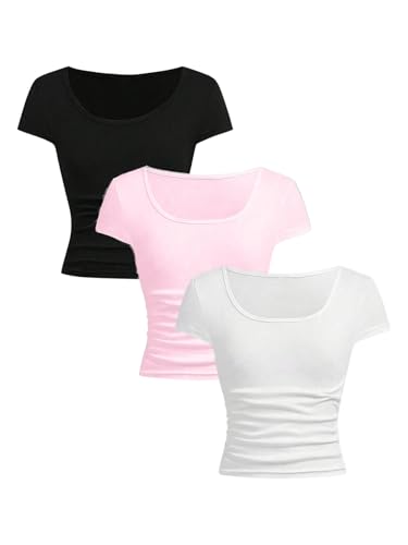 Image of SOLY HUX Girl's Short Sleeve T Shirts 3 Piece Basic Scoop Neck Tees Slim Fit Casual Summer Tops