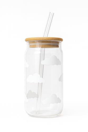 Image of THE UMBRELLA STORE Glass Tumbler Bamboo Lid and Straw, Coffee Tumbler, Reusable Glass (Cloud)