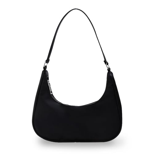 Crescent Bag, Nylon Dumpling Bag with Zipper Mini Handbag for women, Fashionable Luna Bag for Shopping, Dating (black)