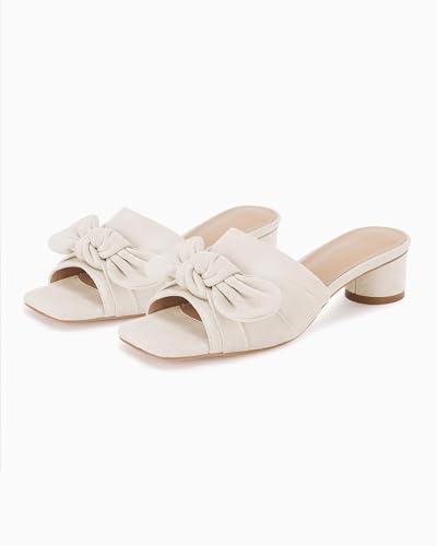 Image of Coutgo Womens Bow Slides Sandals Wide Width Slip On Chunky Low Heels Square Open toe Elagant Summer Shoes