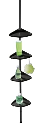 WENKO Duschecke Mod. Compact Teleskopregal Duschablage mit 4 Ablagen 8 Haken Eckregal Aluminium Kunststoff Bad 26 x 78-275 x 19,5 cm Schwarz