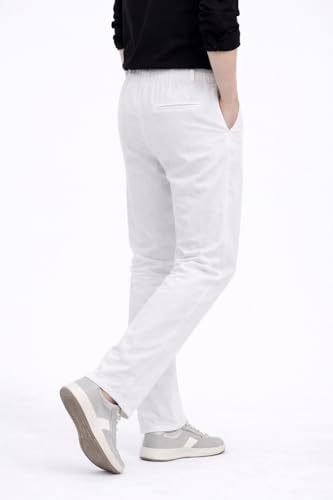 Image of Men's Linen Pants, White, Straight Fit, Elastic Waistband with Drawstring, Casual Trousers