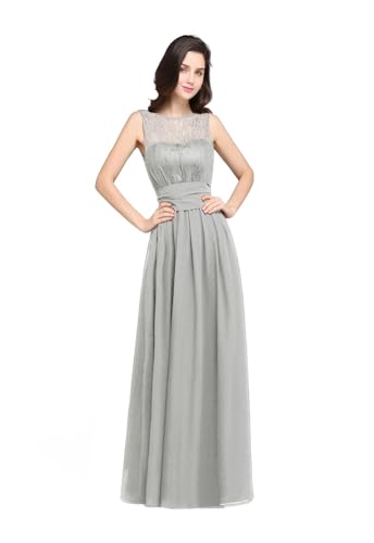 Vestidos de Dama de Honor Vestido de Dama Honor con Cuello ilusión, Encaje Floral, Falda Gasa sin Mangas, Formal for Invitados Boda para la Noche(Sliver,12)