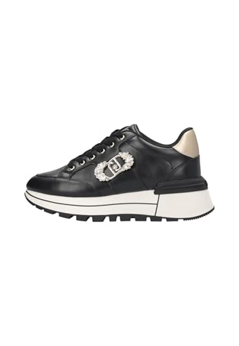  LIU JO BF5043 Amazing Black Sneakers Moda per Donna in Pelle Nera con zirconi e Zeppa (Taglia 37)