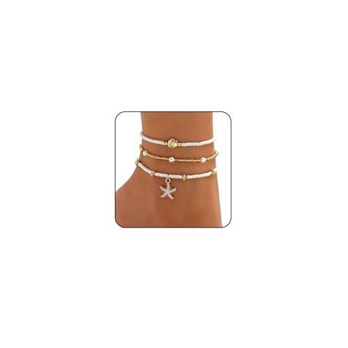 Image of Ankle Bracelets for Women Waterproof Beach Jewelry for Women Elastic Beaded Anklets Boho Seashell Pearl Starfish Anklets for Women Foot Jewelry