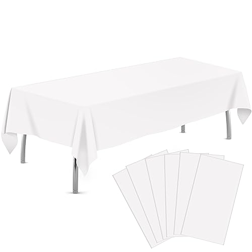 Image of tujol White 6 Pack Plastic Table Cloth 54 inch x 108 inch, Disposable Tablecloths Rectangle Table Cover, Plastic Tablecloths for Parties