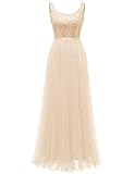 BeryLove Women's Sequin Party Mesh Dress Sleeveless Boat Neck Prom Wedding Sleeveless Ball Gowns Long Formal Dress Champagne 2XL