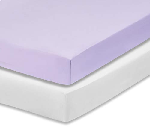 Image of Everyday Kids 2-Pack Fitted Crib Sheets, 100% Soft Breathable Microfiber Baby Sheet, Fits Standard Size Crib Mattress 28in x 52in, White Nursery Sheet and Lavender Nursery Sheet