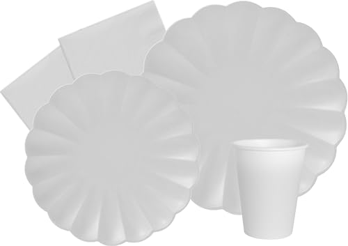 Kit Vaisselle de Fête Flower Shape pour 8 personnes (44 pcs: 8 assiettes Ø23cm, 8 assiettes Ø18cm, 8 gobelets 250ml, 20 serviettes 33x33cm) en papier compostable eco-friendly, blanc
