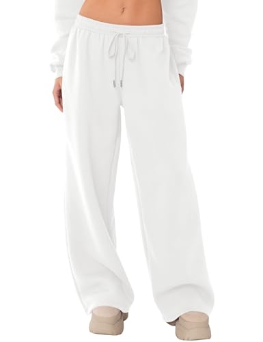 LOMON Womens Sweatpants Wide Leg Fleece Lined Sweat Pants Spring Winter Clothes 2026 Teen Girl Baggy Drawstring Joggers with Pockets (White S)