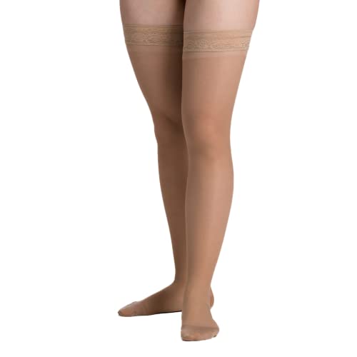 Image of EvoNation Women's Sheer Thigh High 15-20 mmHg Compression Stockings | Nylon-spandex fabric with lace-silicone top band, sandalfoot design and reinforced heel for secure all-day wear
