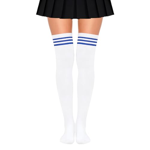 HUKUMA Calcetines Hasta Rodilla Mujer, Rayas Azules Calcetines