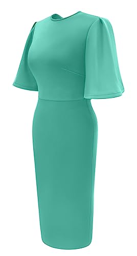Image of Memoriesea Women's Basic Bodycon Ruffle Flared Short Sleeve Pencil Midi Dress